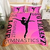 Feelyou Love Gymnastics Bedding Set for Girls Boys Children Floor Exercises Ballet Comforter Cover Decorative Athletics Duvet Cover Neon Pink Dance Bedspread Cover Twin Size Quilt Cover 2Pcs