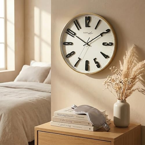 Image of RANDOM Premium Wall Clock, Black Plastic Frame, Gold 3D Numbers, 32 cm, Silent Sweep, HD Reinforced Glass (Golden)