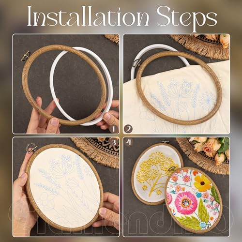 Image of Framendino, 5 Pack Embroidery Hoops 7.5x5.9 Inch Imitated Wood Display Frame Oval Cross Stitch Hoop Ring for Hanging Ornaments