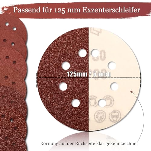 Sztaoip 80 Stück Schleifscheiben 125mm Klett, 80 Körnung 125 Schleifpapier 8 Loch Schleifblätter Runde Exzenterschleifpapier