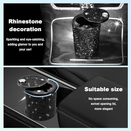 Image of Car Cigarette Ashtray with Lid, Stainless Steel Bling Crystal Diamond Smokeless Fireproof Vehicle Ashtray Holder, Portable Sparkling Ashtray Cup Holder for Car Home Office (Black)
