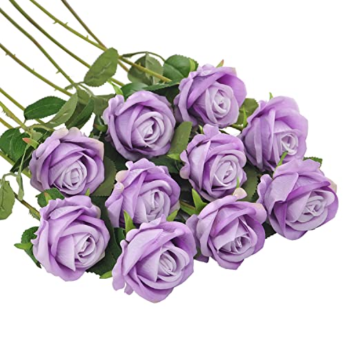 Huspox Fake Roses Artificial Flowers with Long Stem for Decoration Bouquet Wedding Floral Arrangement 10pcs (Light Purple)