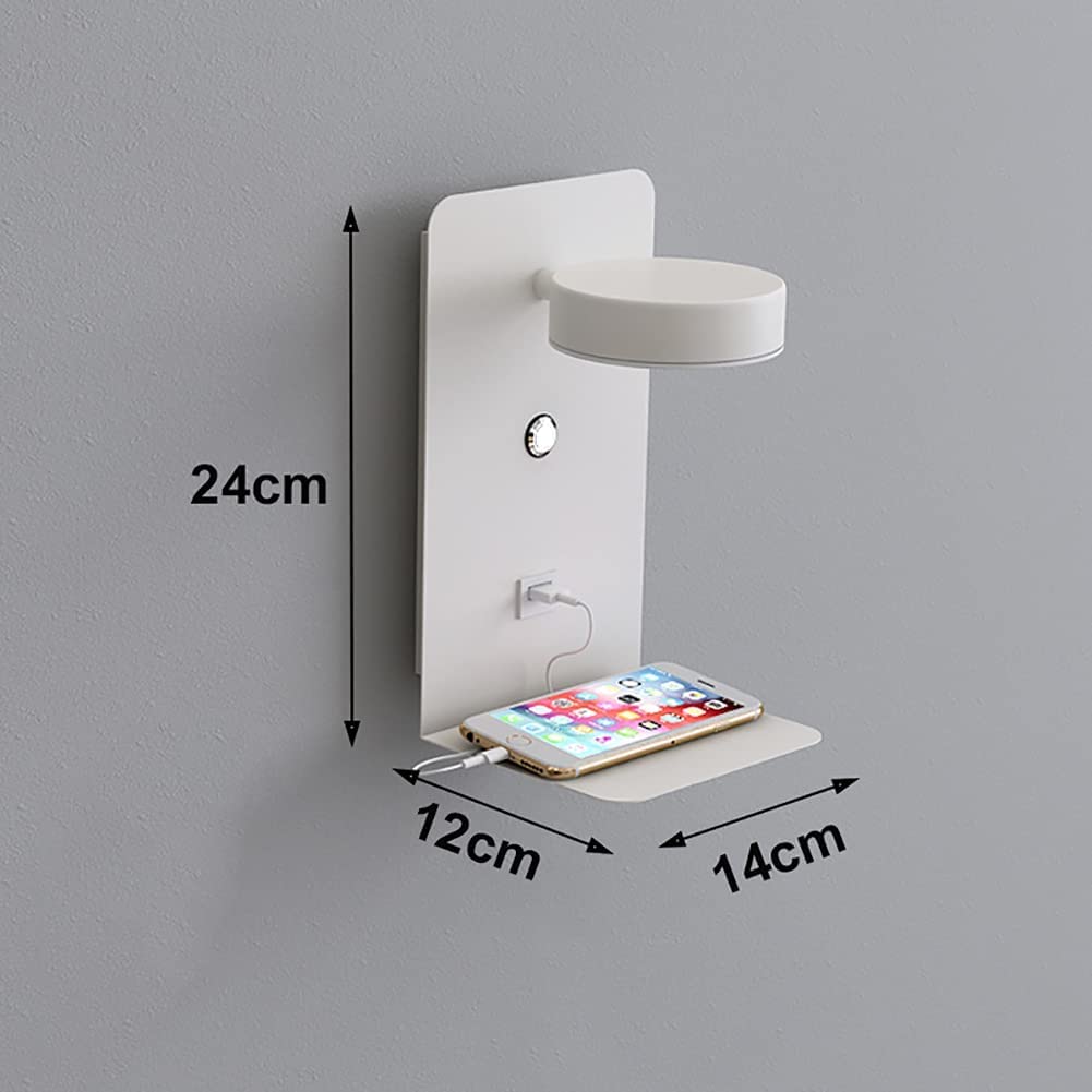Wewnętrzny kinkiet nocny LED USB, 2 szt. Kinkiet nocny z przełącznikiem Trójkolorowa regulacja, kinkiet z portem USB i półką, regulowana nocna lampka do czytania do sypialni salonu