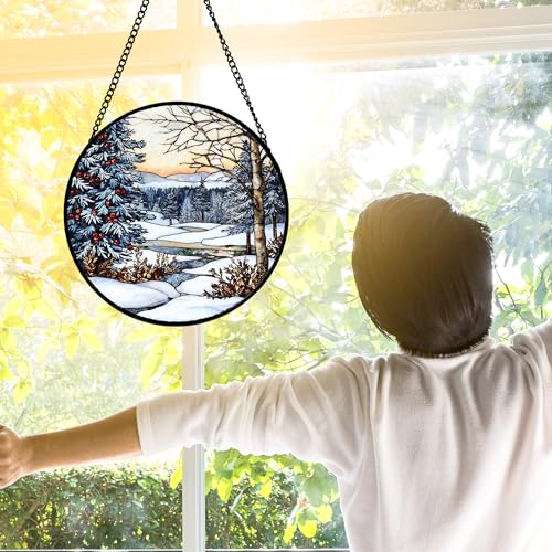 Image of DASTOLL Stained Glass Window Hanging, Winter Snow Landscape Suncatcher Diamond Glass Panel Sun Catchers Decor for Birthday for Women, Men, Wife, Aunt, and Mom 9.8 in