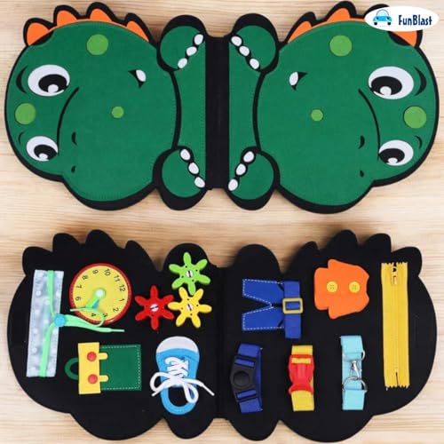 Image of FunBlast Busy Book for Toddlers Binder Board - Montessori Busy Board for Kids, Cartoon Design Learning Activity Toy for Toddlers, Educational & Early Learning Toys for Kids, Toddler (Dino)