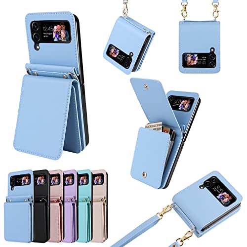 Ksridote For Samsung Galaxy Z Flip 4 Case With Card Holder Strap Lanyard, Samsung Z Flip 4 Case Wallet Galaxy Z Flip 4 Wallet Phone Case Crossbody Phone Case Cover Purse For Women, Light Blue #TOP6
