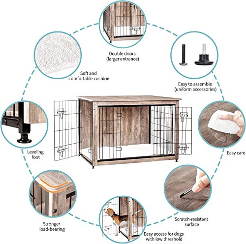 image for DWANTON Dog Crate Furniture with Cushion, Wooden Kennel Table with Dou
