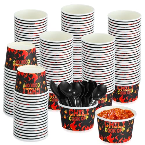Foxtell 400 Pcs Chili Cook Off Party Decorations Include 5 oz Chili Cook off Tasting Cups and Plastic Spoon for Competition Mexican Party cooking Supplies (200 cups & 200 spoons)