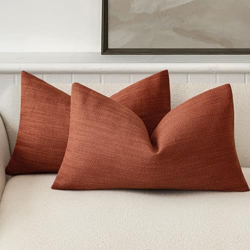 Image of Foindtower Set of 2 Decorative Textured Burlap Linen Throw Pillow Covers Farmhouse Lumbar Cushion Cover Solid Accent Pillowcase for Couch Sofa Bed Living Room Home Decor,12x20 Inch,Fall Orange Hazel