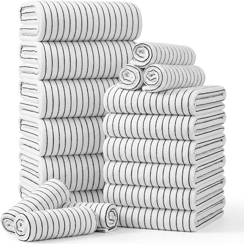Hillsuren 16 Pcs Black and White Striped Towel Set Include 4 Bath Towels 4 Hand Towels and 8 Washcloths Soft Absorbent Quick Dry Striped Sheets with Hanging Hooks for Bathroom Kitchen Gym Hotel Spa