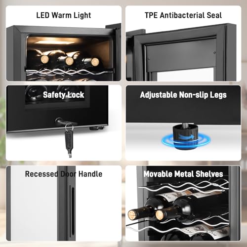 Image of Tylza 18 Bottles Wine Fridge, Wine Cellar with Powerful Compressor, LED Touchscreen, Low-E Tempered Glass Door, Lock, Wine Cooler Refrigerator for Red, White, Champagne or Sparkling Wine, Black