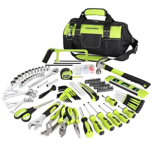 FASTPRO 267-Piece Home Tool Set, Household Repairing Tool Kit with 13-Inch Wide Mouth Open Tool Bag, Mechanics Hand Tool Kit for DIY, Home Maintenance, Green