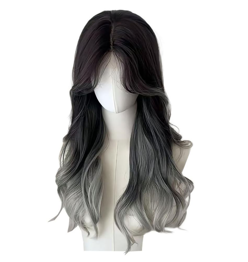 Black Pink Ombre Long Wavy Wig for Women Middle Part Synthetic Curly Hair Wig Curtain Bangs Natural Looking Heat Resistant Wigs for Daily Use