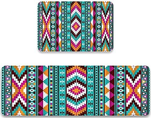 CANCAKA Kitchen Rug Set 2 Piece Non-Slip Mat,Southwestern Native American Aztec Striped Geometric Triangles Print,Soft Doormat Anti Fatigue Floor Mats Waterproof Rugs and Runner Sets