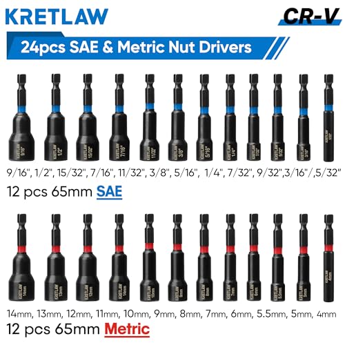 31PCS Magnetic Nut Driver Set, Impact Drill Driver Bit in Cr-V, SAE & Metric Power Nut Drivers with Quick-release Extensions & 1/4" Hex Shank