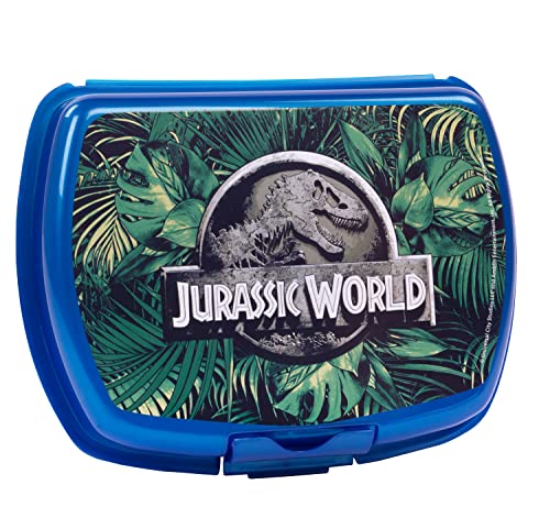 p:os Jurassic World - Contenitore per il pranzo per bambini, motivo: dinosauri, in plastica, con scomparto e chiusura a clip, ideale per il pane a scuola