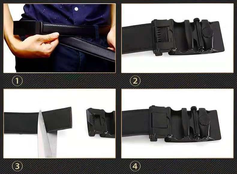 Image of Men's Black Leather Formal Belt, Automatic Grip Buckle, Adjustable Waist Strap, Free Size