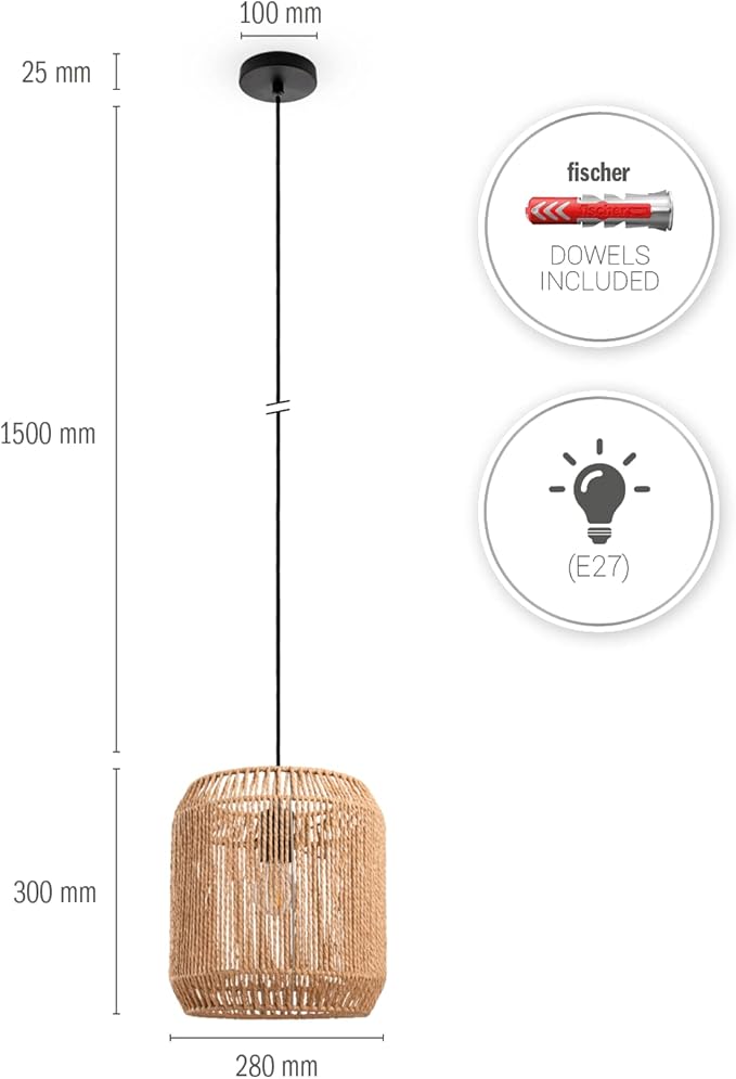 Paco Home Paco Home Pendellamp Rotan Eettafel Hanglamp Eetkamer Lamp E27 Papier Boho, Kleur:Natuur (Ø28cm), Lamptype__Kleur:Hanglamp - Zwart photo 3