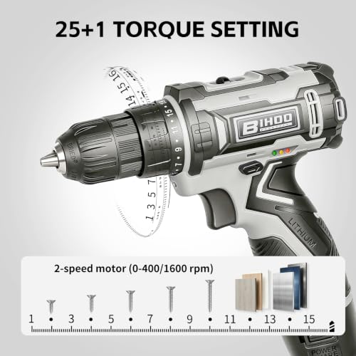 Image of 12V Cordless Drill Driver Kit, 2-Speed 0-1600 RPM, 25+1 Torque, 3 /8 inch Keyless Chuck, LED Light, Battery & Charger, Drill Bits Set, for Wood /Metal /Plastic DIY Projects, Home Repair