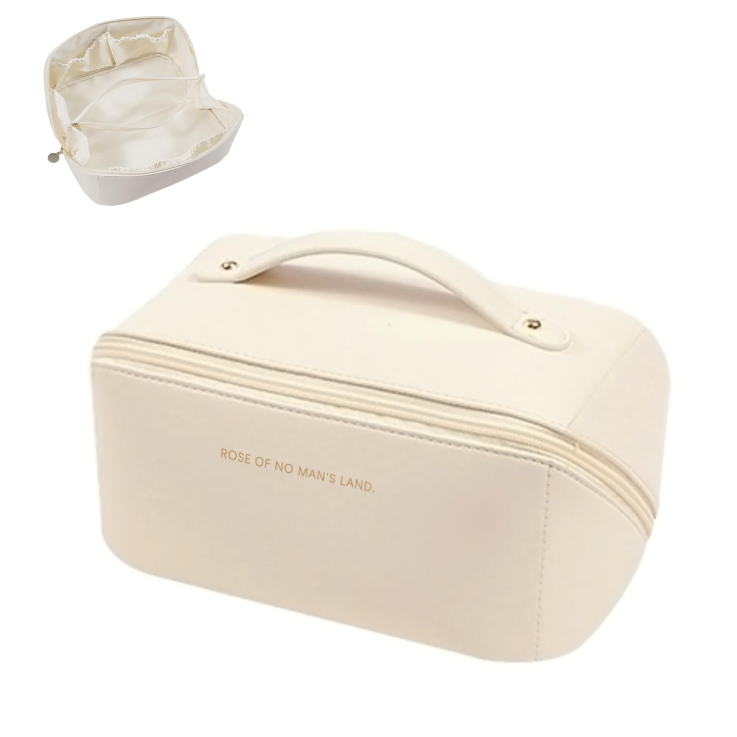 Tmerri Jw Large Capacity Travel Makeup Bag for Women Waterproof Portable Pouch Open Flat Toiletry Bag PU Leather Cosmetic Bag Organizer with Divider and Handle White