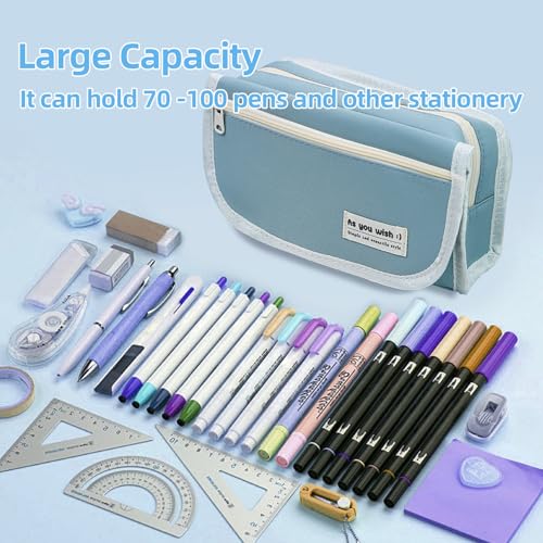 Image of MXCOIRTP Large Capacity Pencil Case, Big Capacity Pencil Pouch Pen Bag with 4 Compartment, Portable Canvas Stationery Organizer with Zipper for Boys Girls Adults Student- Blue