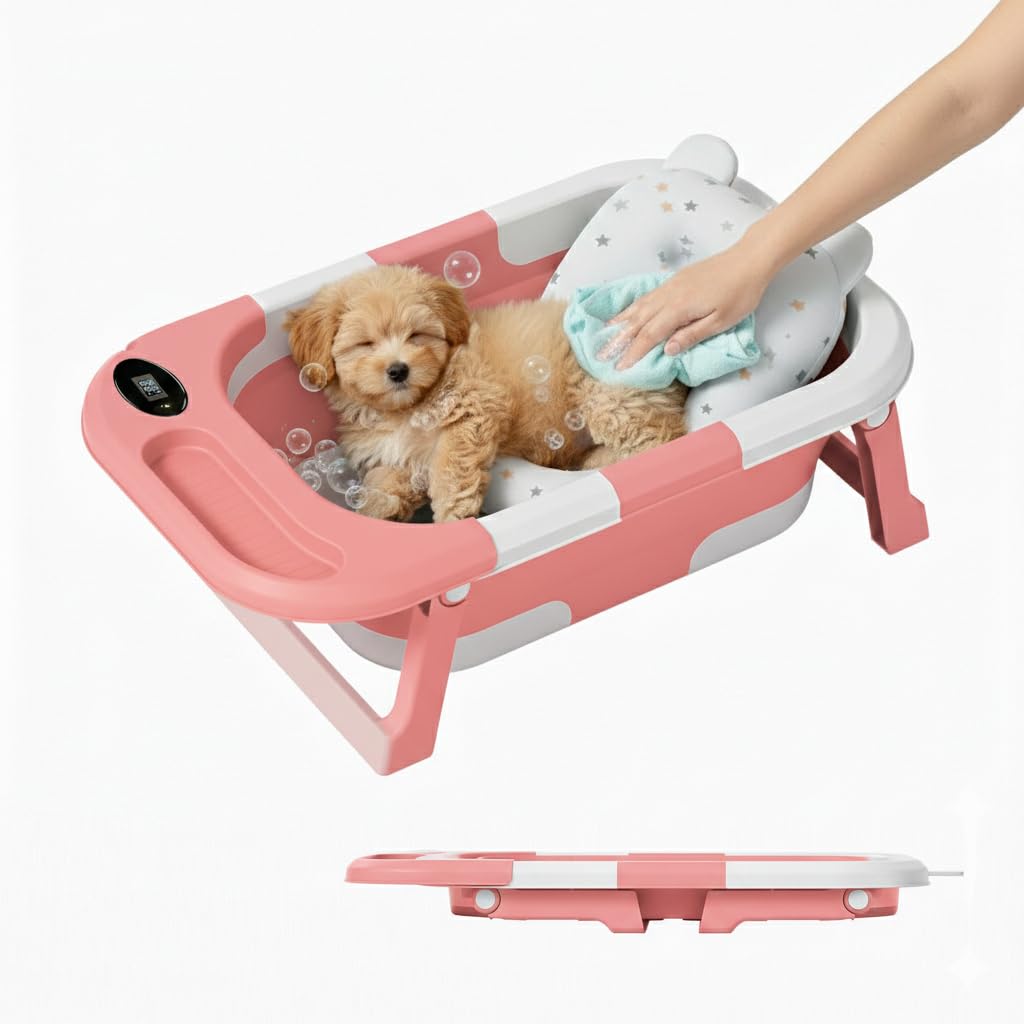 Dog Bath Tub with Water Drain Plug Portable Collapsible Bathtub for Dog Bathing and Washing Foldable Dog Bath Space Saving Design for Small Medium Pets and Cats Pink