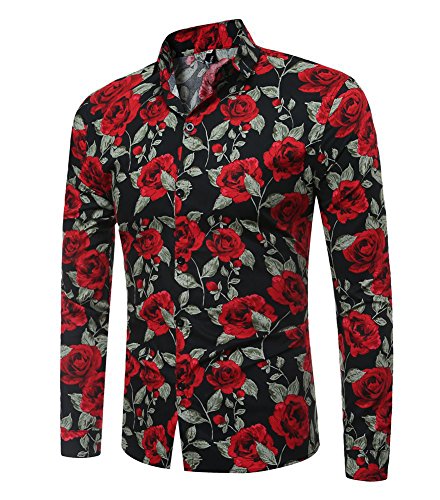 Runyue Uomo Camicia Fiori Pattern Shirts Classica