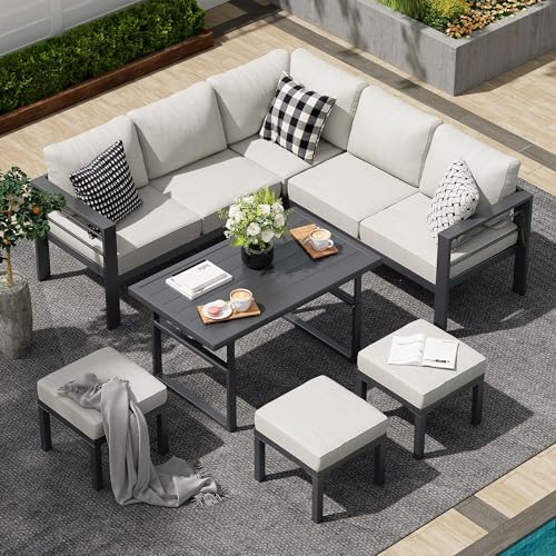 AECOJOY Aluminum Patio Furniture Set, Modern Metal Outdoor Patio Furniture Clearance, Outdoor Conversation Table and Chair Sets for Lawn, Backyard, and Deck with Light Grey Cushions