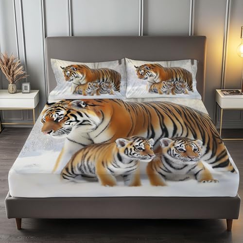 Fitted Sheet Twin Size Bedding Set for Kids Girls Women Men Room Decor, Soft Microfiber & Deep Pocket & Wrinkle Free Animal Tiger Bedding Sheets, Brown