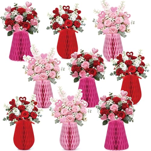 Kathfly 9 Pcs Mothers Day Table Decorations Red Pink Rose Heart Paper Vase Centerpiece 3D Mothers Day Honeycomb Decoration for Kitchen Farmhouse Home Table Decor