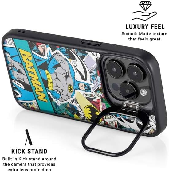 Skinit Kickstand Phone Case Compatible with iPhone 16 Pro Max - Officially Licensed DC Comics Batman Vintage Pose Collage Art Design