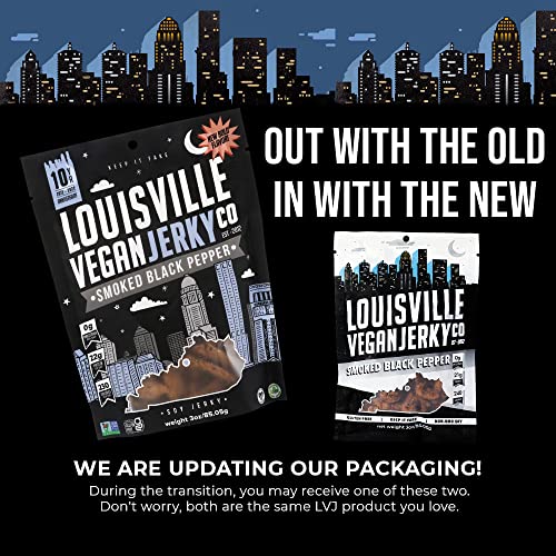 Image of Louisville Jerky Co. Smoked Black Pepper Vegan Jerky, 3 oz, 10-Pack | 5g Protein, Plant-Based Protein Snack, Vegetarian Jerky, Meatless, Savory, Ready-to-Eat, Vegan Beef Alternative, Travel Ready