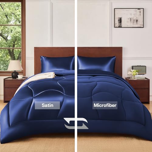 MR&HM King Size Comforter Set Navy Blue, Reversible Satin Microfiber Comforter Set for All Seasons, 3 Pieces Non-Slip Silky Soft Bedding Sets with 1 Comforter (104"x90") and 2 Pillowcases (20"x36")