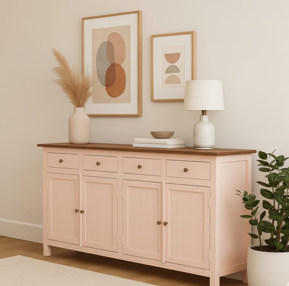 Image of Solid Wood Madrid (L) Sideboard for Living Room | Kitchen Storage Cabinet | Crockery Storage Unit | Storage Cabinet (Finish- Scratch Resistant Tubaq Top and Rosette Pink)
