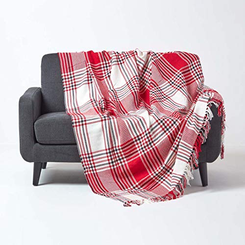 Homescapes Tagesdecke mit Tartan-Muster, Sofa- und Sessel-Überwurf 150 x 200 cm mit Fransen, weiche Wohndecke aus 100% Baumwolle, Schottenmuster,...