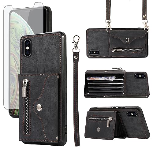 Étui portefeuille pour iPhone Xs Max Asuwish en cuir noir avec porte-cartes et support