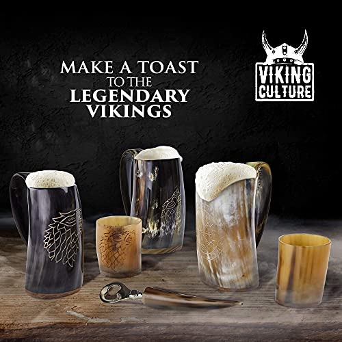 Viking Culture Ox Horn Mug, Shot Glass, And Bottle Opener (3 Pc. Set) Authentic 16-Oz. Ale, Mead, And Beer Tankard | Vintage Stein With Handle | Custom Intricate Design - Polished Finish | Wolf/Fenrir #TOP2
