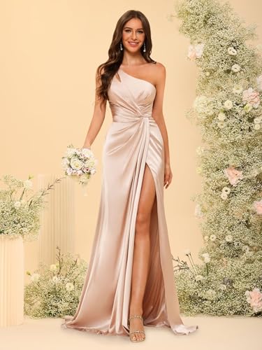Women's One Shoulder Ruched Bridesmaid Dresses Long with Slit Satin Formal Prom Dress VS1172