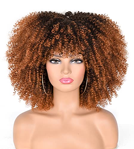 ANNIVIA 14inch Afro Kinky Curly Wig with Bangs for Black Women Ombre Brown1B 30 No Glue Full and Fluffy like a Bomb Short Curly Hair Wigs