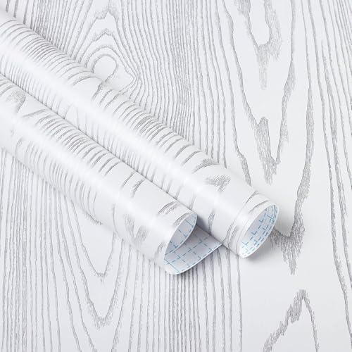 Image of White Wooden Peel and Stick Wallpaper Self-Adhesive Wood Contact Paper and Wallpaper Wood Grain Wallpaper for Walls, Countertops, Drawers, and Desk Cabinets.(45x300 cm)