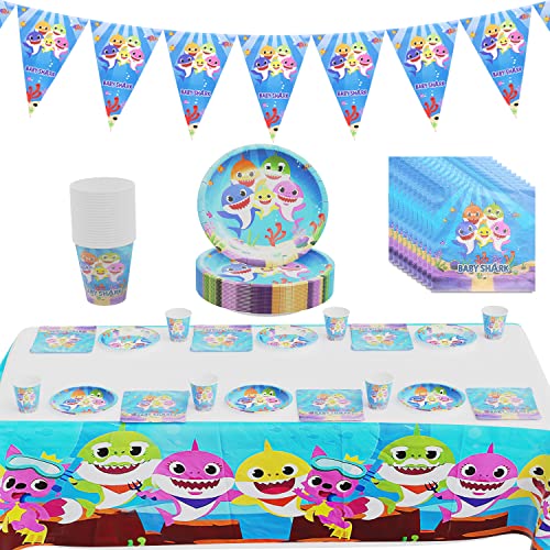 Decoración de Cumpleaños de Baby Shark 62 pcs, Vajilla Baby Shark, Mantel Baby Shark, Platos, Tazas, Servilletas, Fiesta de Cumpleaños de Baby Shark, Suministros para Fiestas Infantiles (Azul)