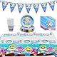 Geburtstag Deko 62 pcs,Party Supplies, Geschirr,Tischdecke, Teller, Becher, Servietten, Wimpel, Hai Dekoration, Kindergeburtstag Partyzubehör (Blau)