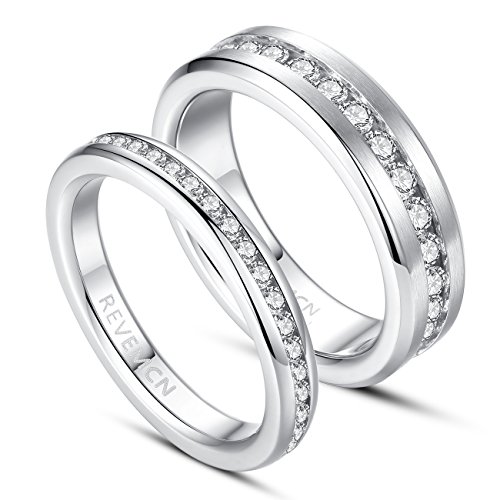 REVEMCN 3MM 6MM Stainless Steel Eternity Couple Wedding Band Ring for Men Women with Cubic Zirconia CZ (6mm, 12)