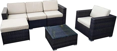 Amazon ラタン編みl字ソファー4点セット ブラウン 人工ラタン ガーデンチェアー ラウンジ ホテル カフェ ベランダ リゾート テラス バルコニー 屋外家具 ガーデンチェア ベンチ