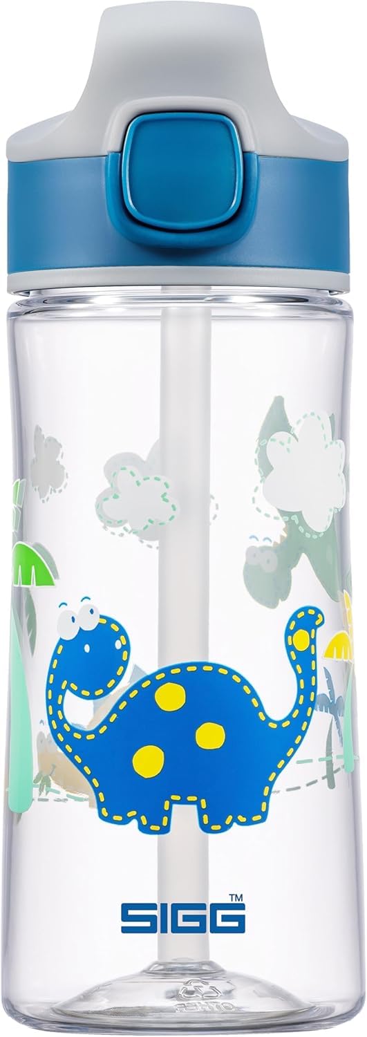 SIGG - Tritan Trinkflasche Kinder - Miracle Dinosaurier - Mit Trinkhalm - Auslaufsicher - Spülmaschinenfest - Microwellengeeignet - Kratzresistent - BPA-frei - Schule & Sport - Blau - 0,45L