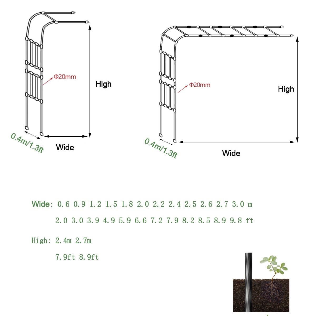 Metall Gartenbogen Rosen Torbogen Rankhilfe, Halbbogen Für Kletterpflanzen, 0.6 1.2 1.5 1.8 2.0 2.4 2.5 2.6 2.7 3.0 m Stabiles Rankbogen Rankgitter Rosenspalier, Terrasse Dekor(WxH 2.0x2.7 m)