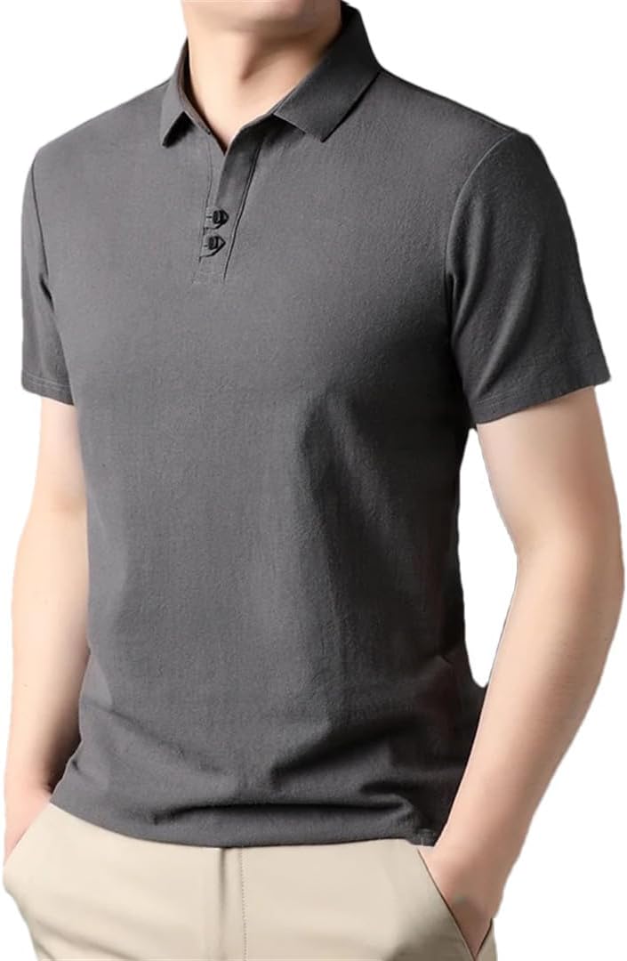 Men Solid Business Casual Polo Shirt Short Sleeve Lapel Button Slim Shirts Top