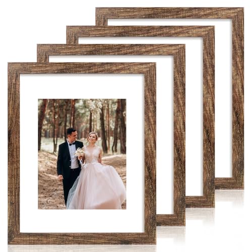 iRahmen 11x14 Picture Frame Set of 4 with Tempered Glass, Rustic Frame Display 8x10 Pictures with Mat or 11 x 14 Without Mat, Wooden Photo Frames for Wall Mounting