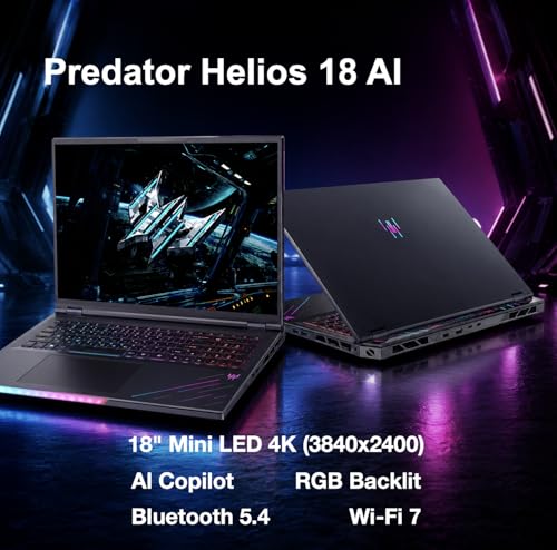 Image of Acer Predator Helios 18 AI Gaming Laptop 18 inch 120Hz Mini LED 4K Display (Intel Ultra 9-275HX, GeForce RTX 5090 24GB, 64GB DDR5, 2TB PCIe SSD, RGB KB, 2 Thunderbolt, Win 11 Pro) w /Dkz Wireless Mouse