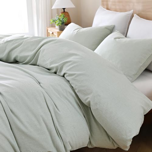 Image of TOCOMOA Sage Green Striped Duvet Cover Bedding Set 100% Washed Cotton Like Linen Feel Super Soft Comfy 3 Piece Pinstriped Comforter Cover Set (Queen 90 inchx90 inch, Comforter Not Included)